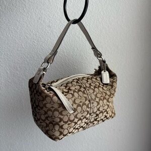 Coach Mini Shoulder Bag in Brown and Beige Signature Jacquard